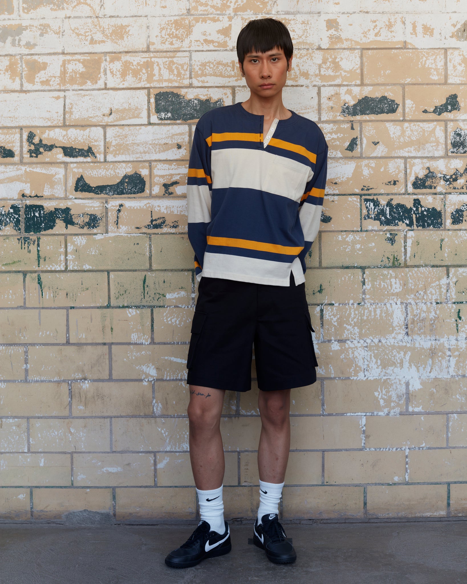 Blue/Ecru/Ocre "Twisted Seam" Long Sleeve Polo